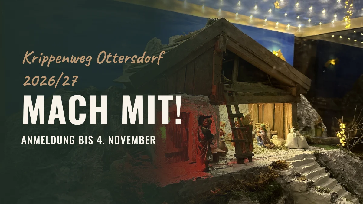 Beleuchtete Holzkrippe bei Nacht mit dem Schriftzug Mach mit, Krippenweg Ottersdorf 2026/27, Anmeldung bis 4. November